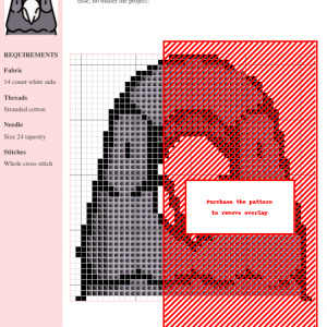 Cross-stitch pattern showcasing a detailed design of a pigeon, using grayscale and red thread colors. The pattern includes clear gridlines and stitch symbols.