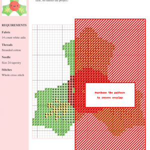 A cross-stitch pattern design featuring a mistletoe sprig in shades of green and red. The pattern includes a color key and instructions.