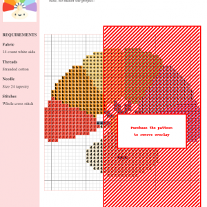 Cross-stitch pattern depicting a stylized fan in shades of orange, peach, and pink. The design uses whole cross stitches and includes DMC and Anchor thread color numbers.