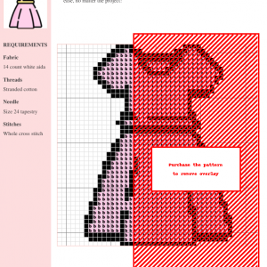 Cross stitch pattern of a pink dress, featuring a clear grid and color-coded stitches. Instructions included.