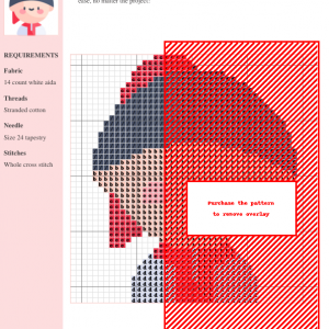Cross stitch pattern design featuring a charming man in red and grey, suitable for beginners. Includes a color key and stitch chart.