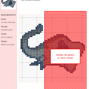 Cross stitch pattern of a charming elephant, featuring grayscale colors on white aida cloth. Includes a key and materials list.