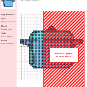 Cross stitch pattern chart depicting a cute blue pot. The design uses various shades of blue and gray, perfect for kitchen or home decor projects.