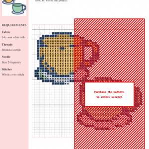 Cross-stitch pattern of a coffee cup saucer, featuring earthy tones and detailed stitching. Complete with a key and color chart.
