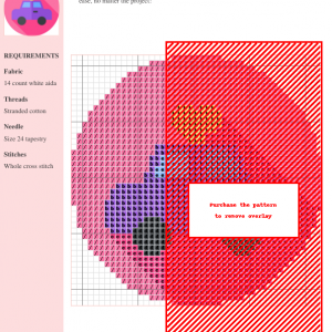 Cross stitch pattern chart of a stylized car, featuring pink, red, orange, purple, and black threads on 14-count white Aida cloth.
