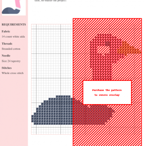 Cross stitch pattern featuring a charming ostrich design in pink, orange, and dark grey, against a red background. The image shows a grid with stitch counts.