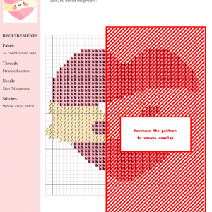 Cross stitch pattern depicting a cute heart design in pink and red, perfect for Valentine's Day projects. Includes a grid and color key.