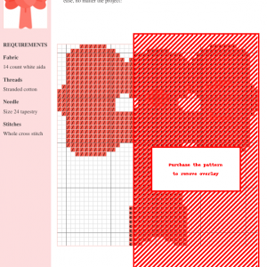 Cross stitch pattern design of a red ribbon, using whole cross stitch on 14-count white Aida cloth. Clear instructions and DMC/Anchor thread color numbers are included.