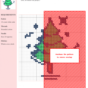 A cross-stitch pattern depicting a stylized Christmas tree in greens, dark blues, and reds on a white aida fabric background.