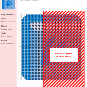Cross-stitch pattern showcasing a gradient design in shades of blue and red. The image includes a key with thread colors and stitch instructions.