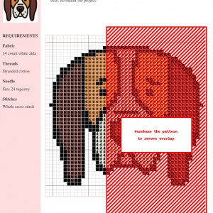 Cross-stitch pattern featuring a charming Basset Hound in brown and red tones. Includes a color key and material requirements.