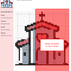 Cross-stitch pattern of a church building, featuring red and gray color scheme. The design is displayed on a grid with color codes.