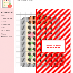 Cross stitch pattern design of a clipboard with a cute face and apple, featuring gray, beige, red, and green threads on 14-count white aida fabric.