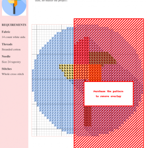 Cross stitch pattern of a windmill featuring blue, red, orange, and yellow threads on 14 count white aida fabric.