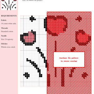 A cross-stitch pattern featuring a fireworks design with red hearts and black stems on a white background. The pattern includes clear instructions and DMC/Anchor thread color numbers.