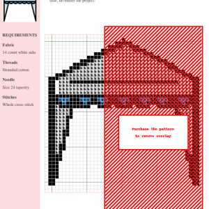 A cross-stitch pattern design depicting a stylized canopy, primarily in red and black, with a grid overlay indicating stitch placement.