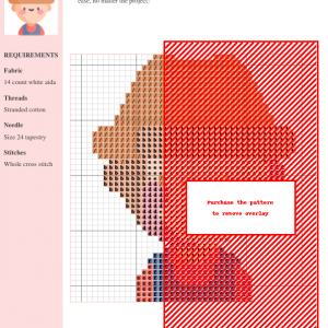 Cross stitch pattern design featuring a stylized farmer, using warm earth tones and red accents. The pattern includes a key and materials list.