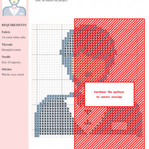 Cross stitch pattern featuring a stylized groom design in shades of gray and red on 14-count white Aida fabric.