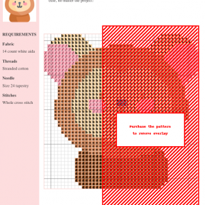 Cross stitch pattern of a cute monkey, featuring pink, brown, and beige threads on white aida cloth. Clear instructions are included.