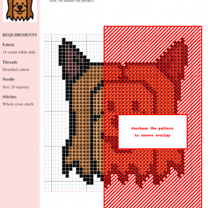 Cross-stitch pattern featuring a charming Yorkshire Terrier, depicted in brown and black thread on white aida cloth. The image includes a key and materials list.