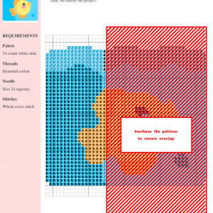 Cross stitch pattern chart showcasing a quirky dead fish design in shades of blue, orange, and red, ready for crafting.