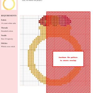 Cross stitch pattern depicting a wedding ring in warm colors, including beige, orange and red. Clear instructions and DMC/Anchor thread color codes are included.