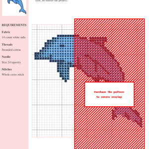 Cross stitch pattern showcasing a delightful dolphin design, featuring shades of blue and purple on 14-count white aida fabric.