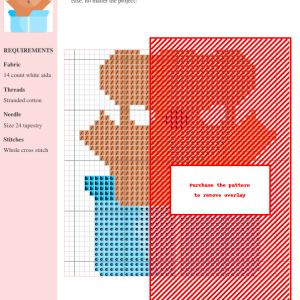 Cross stitch pattern featuring a cute doll design, showcasing a color chart and instructions. Uses brown, light blue, and red threads.