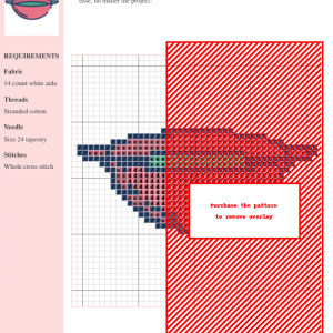 Cross stitch pattern of a cute pot, featuring a pink and dark blue color scheme. The pattern includes a grid and color key.