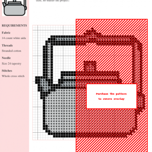 Cross-stitch pattern design of a teapot, featuring a grayscale color scheme and clear grid lines for easy stitching. The pattern includes instructions and DMC/Anchor thread color numbers.
