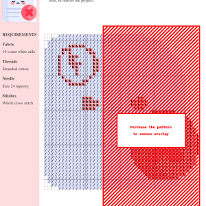 Cross stitch pattern featuring a stylized heart design, charted on 14-count white Aida cloth. The pattern uses stranded cotton thread.