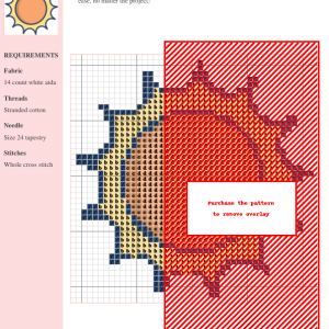 Cross stitch pattern of a stylized sun with orange, yellow, and dark blue threads on a white Aida fabric. Clear instructions included.