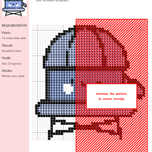 Cross-stitch pattern design of a charming water tower in shades of blue and red, suitable for beginners.
