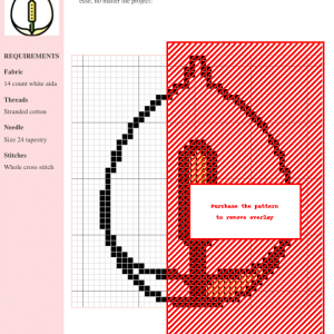 Cross stitch pattern of a peace lily flower, featuring black and orange thread on white aida fabric. Clear grid pattern for easy stitching.