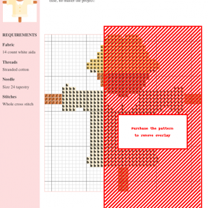 Cross stitch pattern featuring a scarecrow design, primarily in red and beige tones, on a white aida cloth. The design includes clear instructions and DMC/Anchor thread color numbers.
