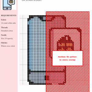 Cross stitch pattern of a mobile phone, featuring a grid of colored squares and DMC/Anchor thread color numbers. A key is provided for the color codes.