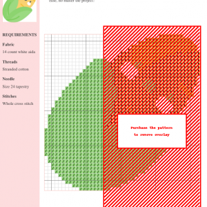Cross stitch pattern design featuring a charming corn cob, using greens and oranges. The pattern is displayed on a grid with color-coded key.