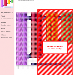 Cross stitch pattern chart depicting a colorful xylophone. The design uses shades of purple, red, and orange.