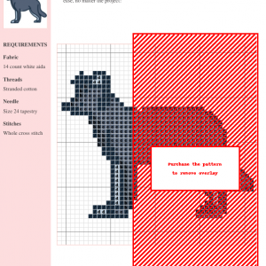 Cross stitch pattern featuring a charming border collie, displayed on a grid with color codes and instructions.