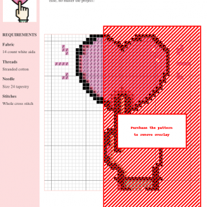 Cross stitch pattern depicting a heart design in pink and red, shown on a grid with color key and material requirements.