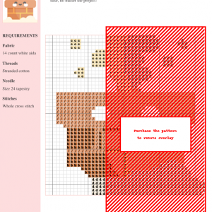 Cross-stitch pattern chart of a charming chimney design, featuring brown brickwork and red diagonal stripes. The image includes a key with thread color codes.