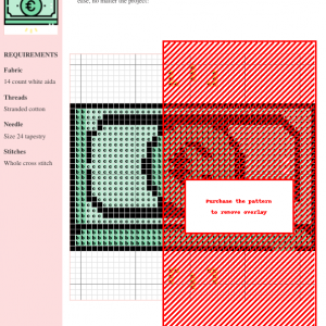 Cross-stitch pattern depicting a stylized image of money, featuring a teal and red color scheme on white aida cloth. Clear instructions are included.