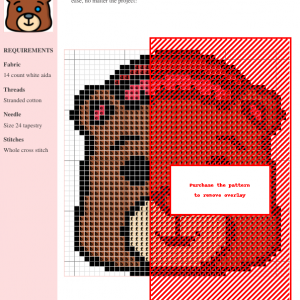 Cross stitch pattern of a cute bear wearing a red hat, charted on 14-count white Aida fabric.