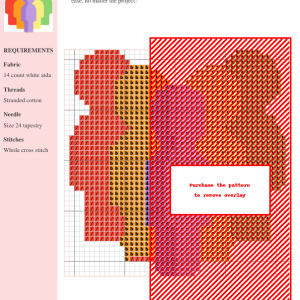 Cross-stitch pattern depicting stylized figures in warm orange, pink, and red tones. The design is on a grid with stitch instructions.