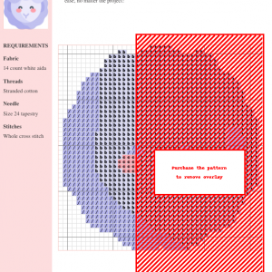 Cross-stitch pattern featuring a charming sheep design, using shades of purple, red, and black on white aida cloth. Clear instructions and DMC/Anchor thread color codes are included.