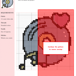 Cross stitch pattern design featuring a vinyl record and musical notes, in shades of gray, red, and orange.
