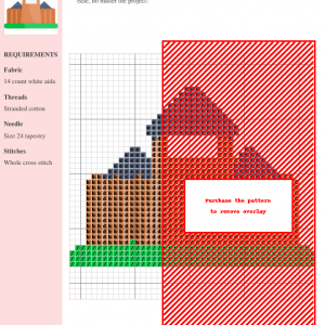 Cross-stitch pattern showcasing a Zaporozhian Sich fortress design. The pattern uses brown, red, and green threads on white aida cloth.