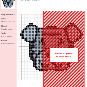 Cross stitch pattern of a Shar Pei dog, featuring gray and red thread colors on 14-count white aida fabric.