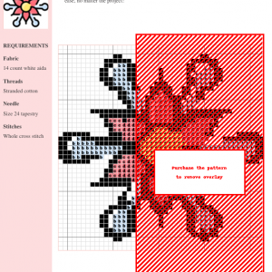 Image of a cross-stitch pattern featuring a stylized lantana flower in shades of red, pink, orange, and black on white aida cloth. DMC and Anchor thread color numbers are included.