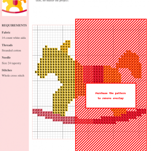 Cross-stitch pattern design featuring a charming rocking horse in warm yellow, orange, and red hues on white aida fabric.